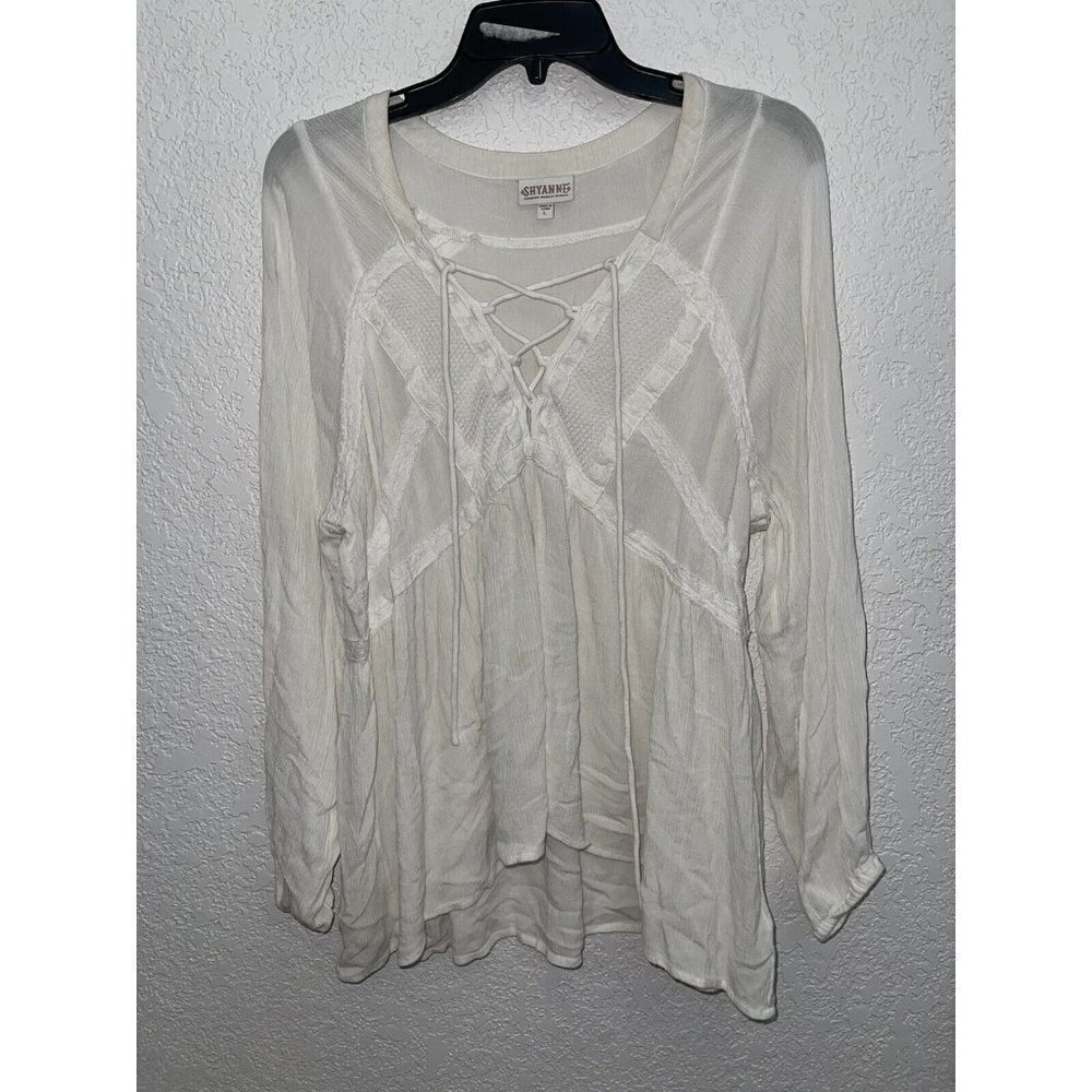 SHYANNE Western Shirt White Tie Front Blouse Size Large Boho Style C1